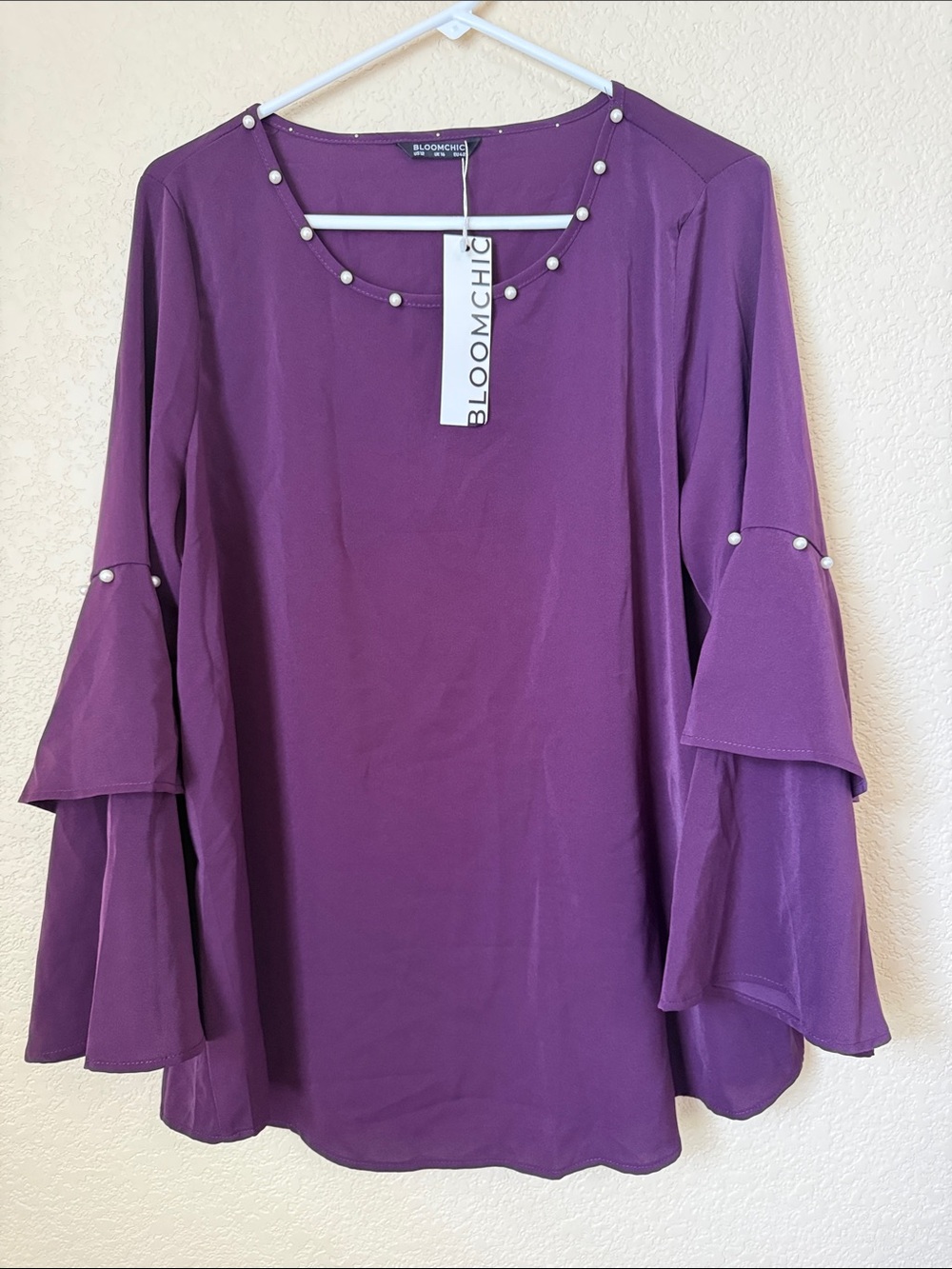 NWT BloomChic Purple Pearl Trim Tiered Bell Sleeve Blouse Size US 12